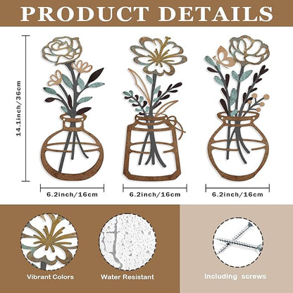 ARTINME 3 Pieces Metal Flowers Wall Arts - Rustic Farmhouse Decor Minimalist Flower Wall Decors for Living Room Bathroom Kitchen Bedroom Dining Room - Housewarming Gifts (Brown)