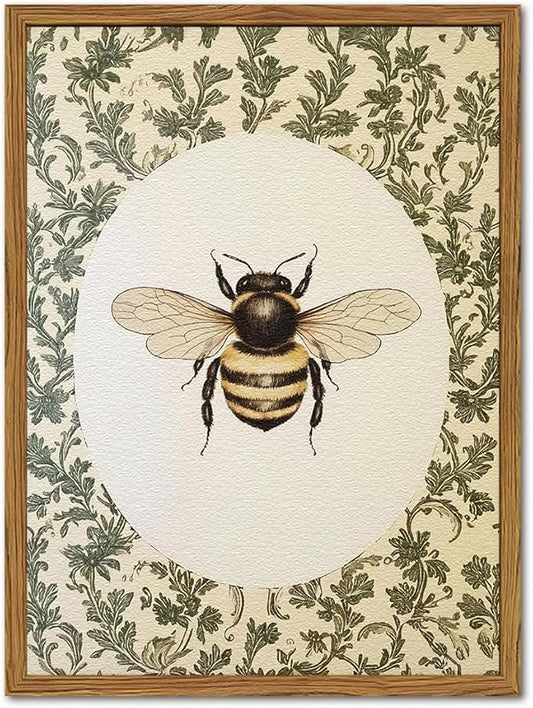 Framed Vintage Bee Wall Art, Rustic Insect Pictures Wall Decor, 3D Textured Sandstone Green Botanical Paintings Prints Cottagecore Home Decor for Living Room Bedroom Office 12x16 inch