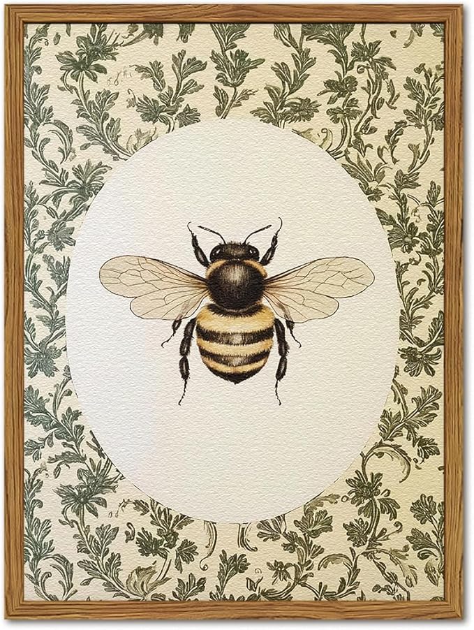 Framed Vintage Bee Wall Art, Rustic Insect Pictures Wall Decor, 3D Textured Sandstone Green Botanical Paintings Prints Cottagecore Home Decor for Living Room Bedroom Office 16x24 inch