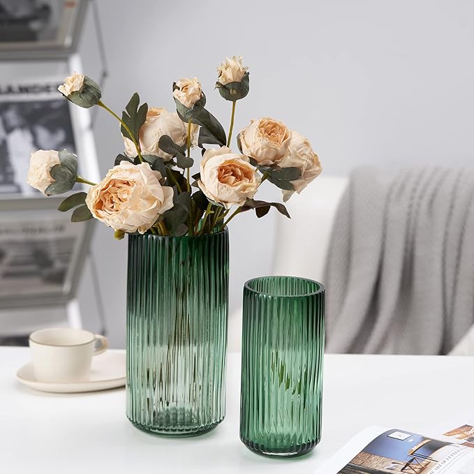 TIMEFOTO Flower Vase 10 inch Green Thickened Hand Blow Glass Vase Round Vintage Striped Bottles for Bookshelf,Dinner Table,Indoor Office Desktop,Meeting Room,Bathroom,Countertop,Home