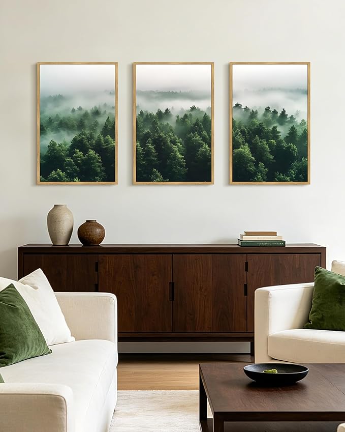 PHOPAGO Green Fog Pine Tree Framed Wall Art Large 16x24in Nature Misty Nordic Forests Artwork Morden Paints Bedroom Living Room Home Decor - Natural Framed