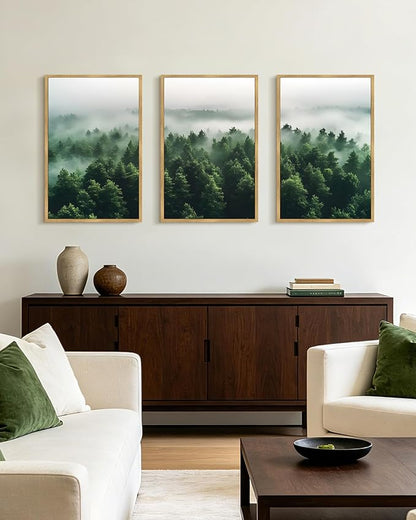 PHOPAGO Green Fog Pine Tree Framed Wall Art Large 16x24in Nature Misty Nordic Forests Artwork Morden Paints Bedroom Living Room Home Decor - Natural Framed