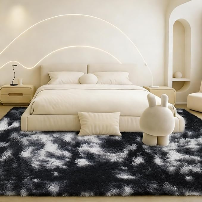 6x9 Rugs for Living Room, Rugs for Bedroom, Plush Fluffy Carpet, Non-Slip Upgrade Black White Grey Rug, Suitable for Kids Home Decor Aesthetics Dorm.