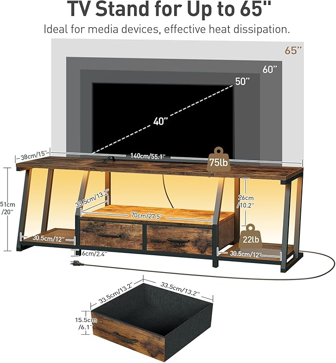 RALGEND LED TV Stand for 55 65 Inch TV, Entertainment Center with Open Shelves and Power Outlets, TV Console Table with Fabric Drawers, Media Console for Living Room, Bedroom, Rustic Brown and Black