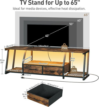 RALGEND LED TV Stand for 55 65 Inch TV, Entertainment Center with Open Shelves and Power Outlets, TV Console Table with Fabric Drawers, Media Console for Living Room, Bedroom, Rustic Brown and Black