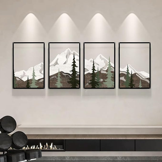 FIXNEO Minimalist Modern 4 Piece Wall Art with Mountain Design - Large 43.3" x 15.74" Black Metal Wall Art for Living Room, Dining Room, Bedroom, Office, Kitchen | Apartment Decor Aesthetic