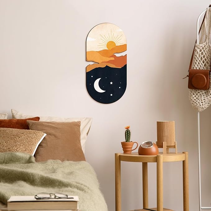 Kas Home Boho Sun and Moon Wall Art Wooden Sunrise Moon Landscapes Nature Wilderness Wall Decor Minimalist Sculpture Hanging Rustic Art Decor For Bedroom Living Room Office(Yellow, 8" x 16")