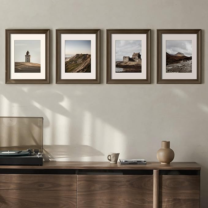 Yaetm 11x14 Picture Frame with Mat for 8x10 Set of 4, 1.4" Wide Molding Brown Wood Grain Photo Frames 11 x 14 with Tempered Glass for Home and Office, Wall Mount (4 pack, Wood Brown)