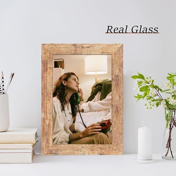 iRahmen 6x9 Picture Frame Set of 2, Rustic Brown Frame with High Definition Glass, 6 x 9 Wood Rustic Photo Frames for Horizontal or Vertical Table Top and Wall Mounting
