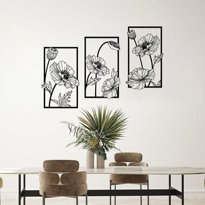 Resama 3 Pcs Black Metal Flowers Wall Decor, Minimalist Abstract Wall Art Modern Floral Line Wall Sculpture Hanging for Bedroom Bathroom Kitchen