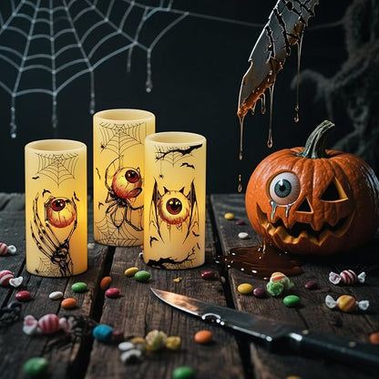 Halloween Flameless Flickering Candles Battery Operated with Timer, 3 Pack Real Wax LED Pillar Candles Spooky Bloody Eyes Spider Decals Dinner Halloween Decorations Indoor(3" D x 6" H)