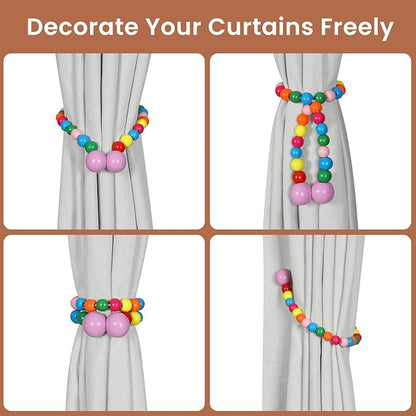 KLOGTSIND Magnetic Curtain Tiebacks, Curtain Tie Backs for Curtains 6 Pack, Wood Bead Curtain Tiebacks, Curtain Holders for Boho Bedroom Decor, Baby Nursery Decor, Farmhouse Décor