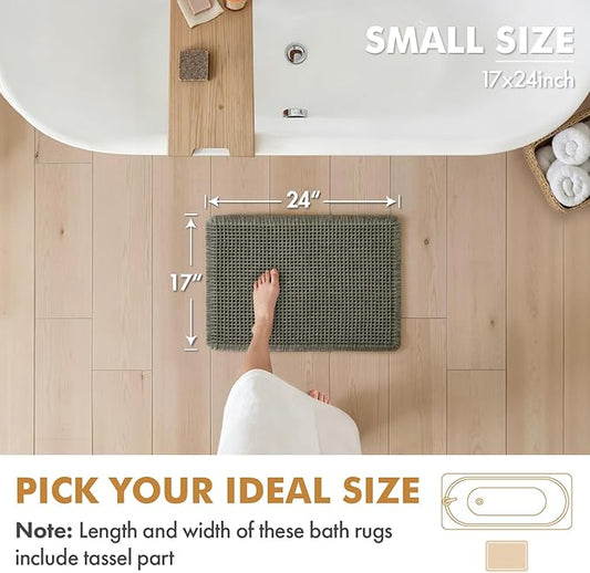 MIULEE Set of 2 Waffle Bathroom Rugs, Super Absorbent Non Slip Bath Rugs, Washable Bath Mats with Tassels, Ultra Soft Rubber Backed Shower Mats for Bathroom Floor, Tub, Green, 17x24 Inch