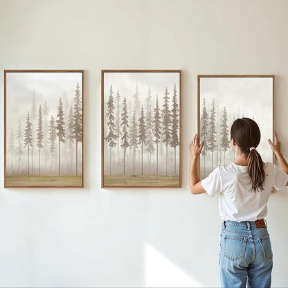 SIGNINART Large Pine Tree Framed Canvas Wall Art Set, Foggy Forest Landscape Wall Decor, Modern Beige Nature Artwork, Misty Forest Wall Painting for Living Room, Bedroom,Office 16 x24 x3