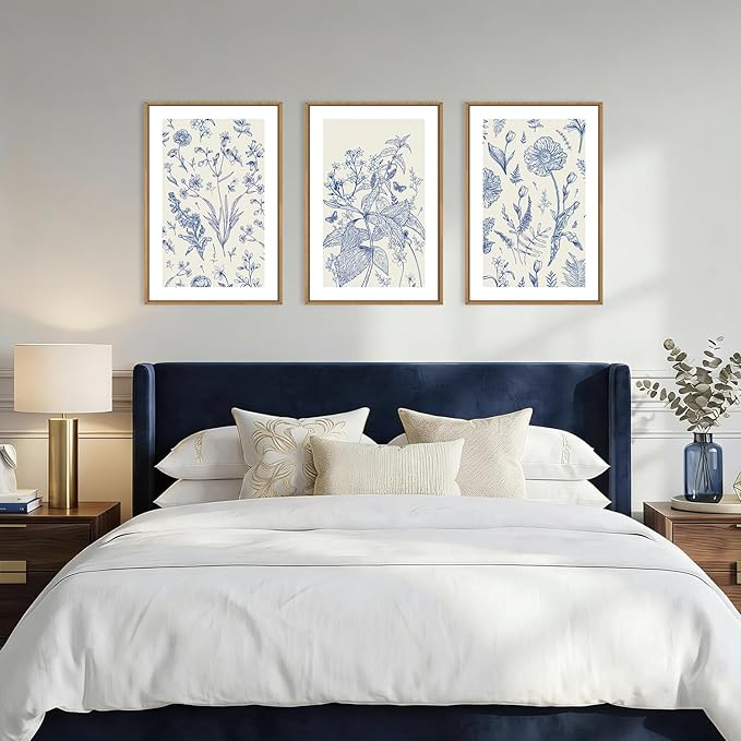 KAIRNE Navy Blue and White Floral Framed Canvas Wall Art Set,Chinoiserie Flower Wall Decor,Watercolor Botanical Art Prints,Modern Wildflower Artwork for Living Room,Bedroom,Farmhouse,Office-24 x36 x3