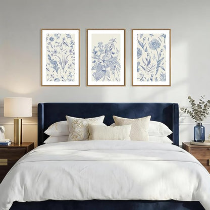 KAIRNE Navy Blue and White Floral Framed Canvas Wall Art Set,Chinoiserie Flower Wall Decor,Watercolor Botanical Art Prints,Modern Wildflower Artwork for Living Room,Bedroom,Farmhouse,Office-24 x36 x3