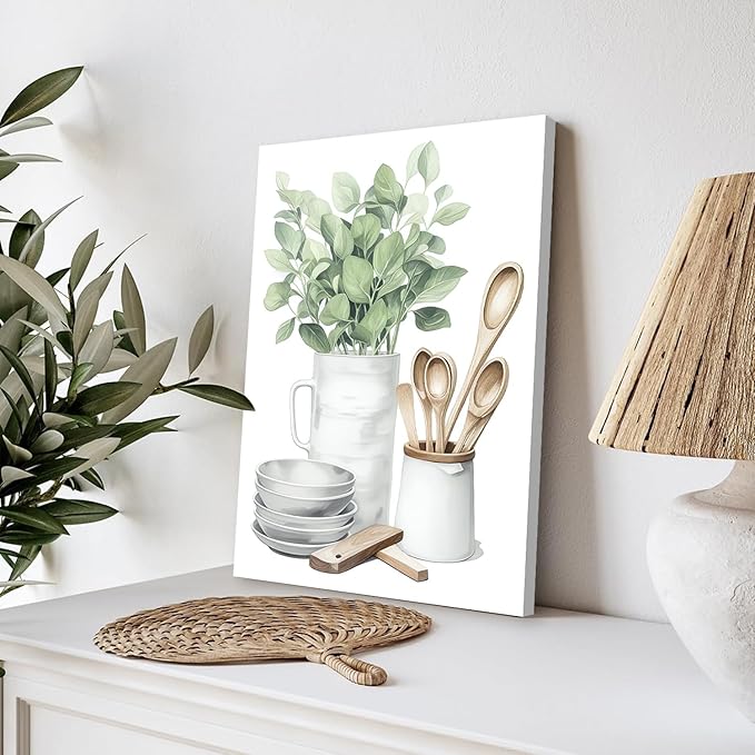 YFvrPt Sage Green Kitchen Wall Art Set of 3, Eucalyptus Leaves Plant Dining Room Painting Wall Decor, Boho Botanical Canvas Poster Print Farmhouse Pictures for Home Decoration Framed 12"x16"