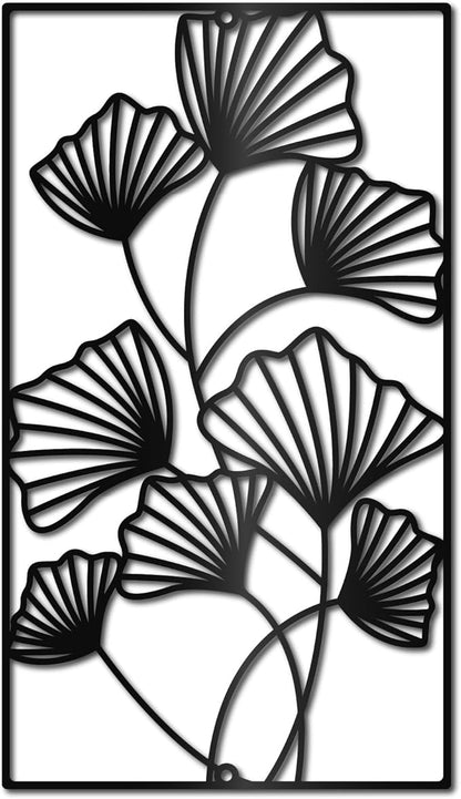CREATCABIN Ginkgo Leaf Metal Wall Decor Black Leaves Wall Hanging Decor Iron Wall Art Minimalist Ginkgo Lines Silhouette Sculpture Decoration Sign Rectangle Frame for Yoga Garden Balcony 12x8 Inch