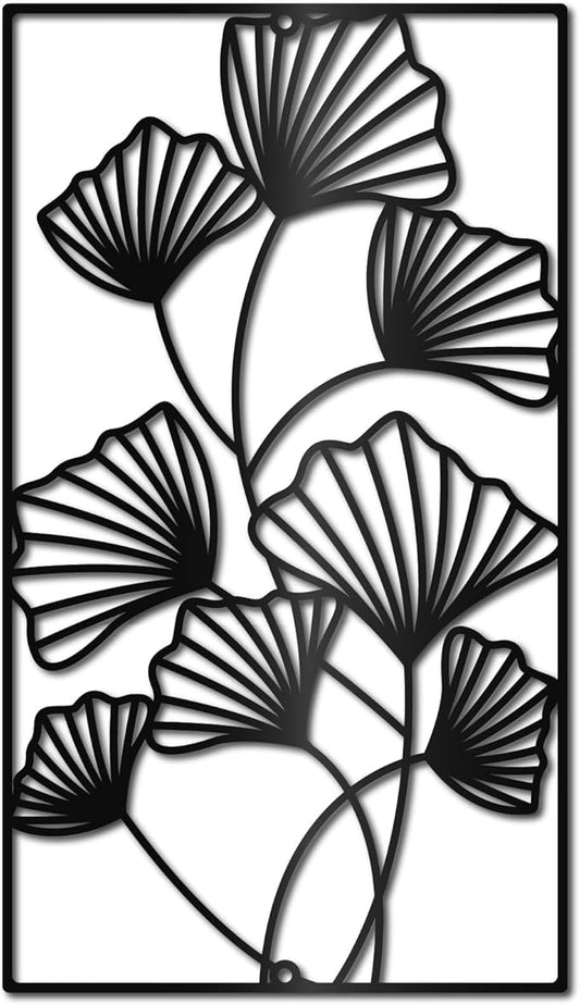 CREATCABIN Ginkgo Leaf Metal Wall Decor Black Leaves Wall Hanging Decor Iron Wall Art Minimalist Ginkgo Lines Silhouette Sculpture Decoration Sign Rectangle Frame for Yoga Garden Balcony 12x8 Inch