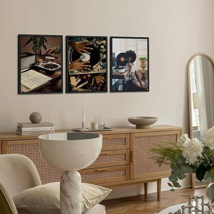 Black Girl Wall Art Decor Modern Black Woman Painting Prints, Set of 3 African American Music Record Player Poster Canvas Artwork for Bedroom Living Room 12x16 inch PS Framed