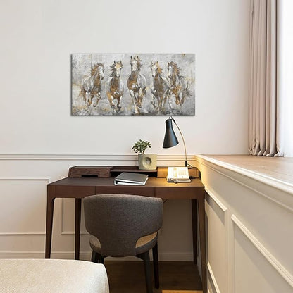 LoveHouse Gray and Gold Horse Wall Art Large Running Horses Canvas Print Horses Painting Wall Decor 24"x48"