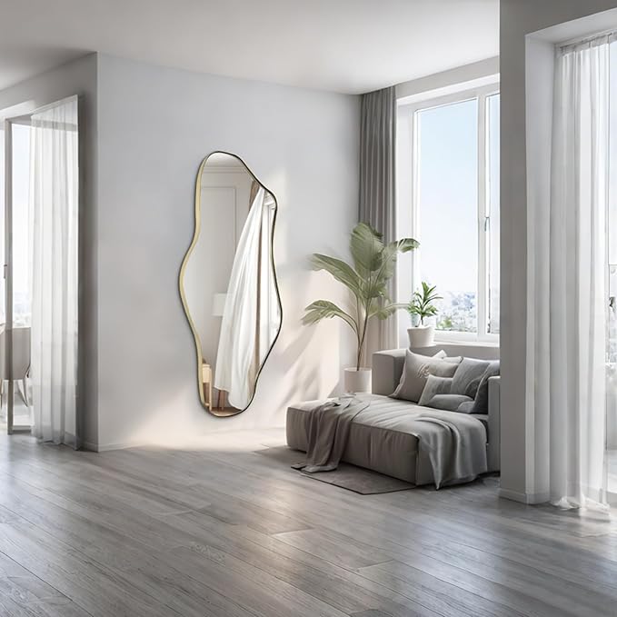 Irregular Mirror Full Length, 63.4"x29" Large Asymmetrical Mirror with Gold Metal Frame, Modern Abstract Wall Mirrors for Living Room Bedroom Entryway, Hangs Vertically or Horizontally