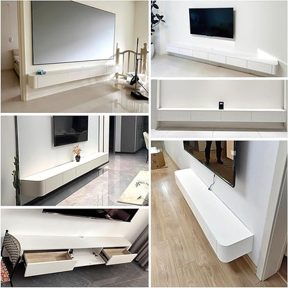 Modern Wall-Mounted Wooden TV Cabinet, White Media Console with Drawers & Cable Management, Stylish TV Storage Shelf for Living Room, Entertainment Center (140x24x20cm)