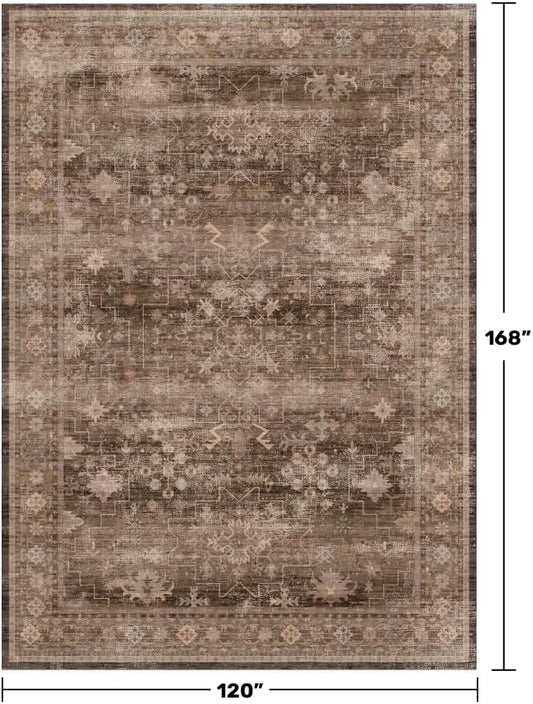 Hazo Haus Brown Rug for Living Room 10x14 - Extra Large Vintage Western Unique Neutral Taupe, Washable Low Pile Non-Slip Soft Thin Area Rug for Dining Under Table, Bedroom Under Bed, Home Office