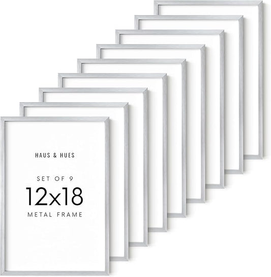 HAUS AND HUES 12x18 Silver Metal Picture Frames - Premium Aluminum with Vertical & Horizontal Hanging, Shatterproof Plexiglass - Perfect for Home or Office (12x18 in, Silver, Set of 9)