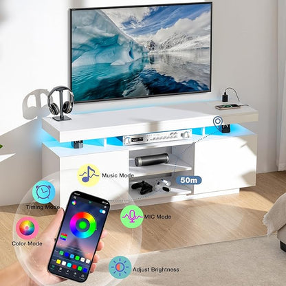 HOMMPA Modern LED TV Stand for 65/60/55 inch TV with Power Outlets, Gaming Console Storage Entertainment Center with LED Lights Game Cabinet for Living Room White