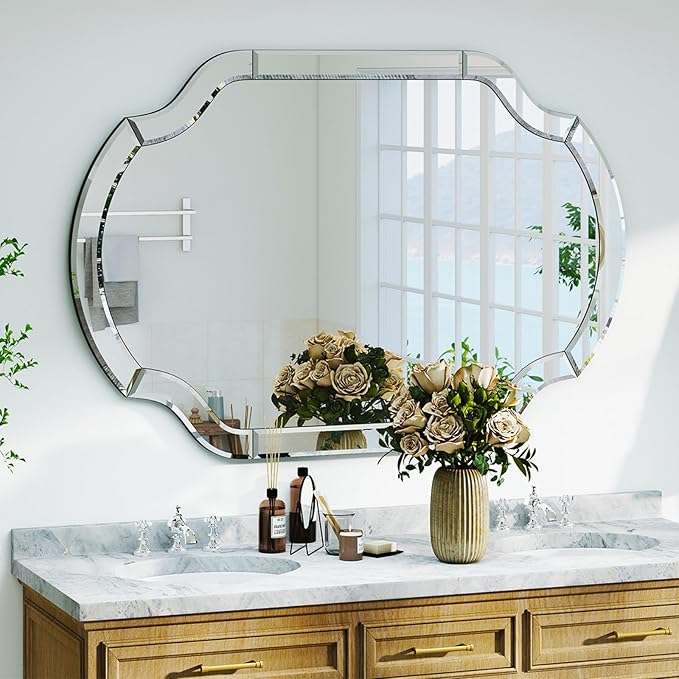 47" x 32" Large Wall Mirrors for Living Room, Modern Elegant Decorative Mirror with Beveled Glass Scalloped Corner, Horizontal or Vertical Hanging for Bathroom, Entryway, Dining Room