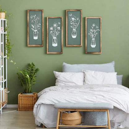 BrightRow 4 Pcs 3D Green Wooden Floral Wall Art Bathroom Wall Decor 7 x 16 Inch Farmhouse Vintage Boho Minimalist Flower and Vases Art for Living Room