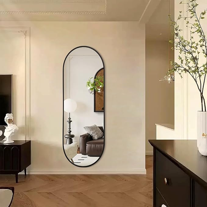 JJUUYOU Bathroom Wall Full Length Mirrors for Wall Oval Mirror Black Metal Framed Mirrors 48"X18" Matte Bedroom Vanity Farmhouse Anti-Rust Tempered Glass Hangs Horizontally or Vertically Mirror