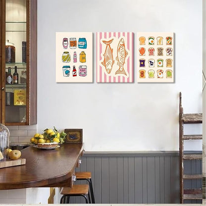 Cute Funny Kitchen Wall Art Set of 3, Fashion Breakfast Food Avocado Toast Canvas Prints Poster, Vintage Simple Sardines Watercolor Picture for Dining Room Kids Room Wall Decor 16x24 Inch Framed