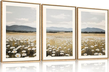 HPNIUB Wildflower Floral Field Framed Canvas Wall Art White Daisy Flowers Wall Decor,Rustic Calming Landscape Art Printing,Boho Mountain Artwork for Living Room,Bedroom,Office Decor-16''x24''x3