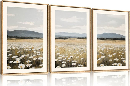 HPNIUB Wildflower Floral Field Framed Canvas Wall Art White Daisy Flowers Wall Decor,Rustic Calming Landscape Art Printing,Boho Mountain Artwork for Living Room,Bedroom,Office Decor-16''x24''x3