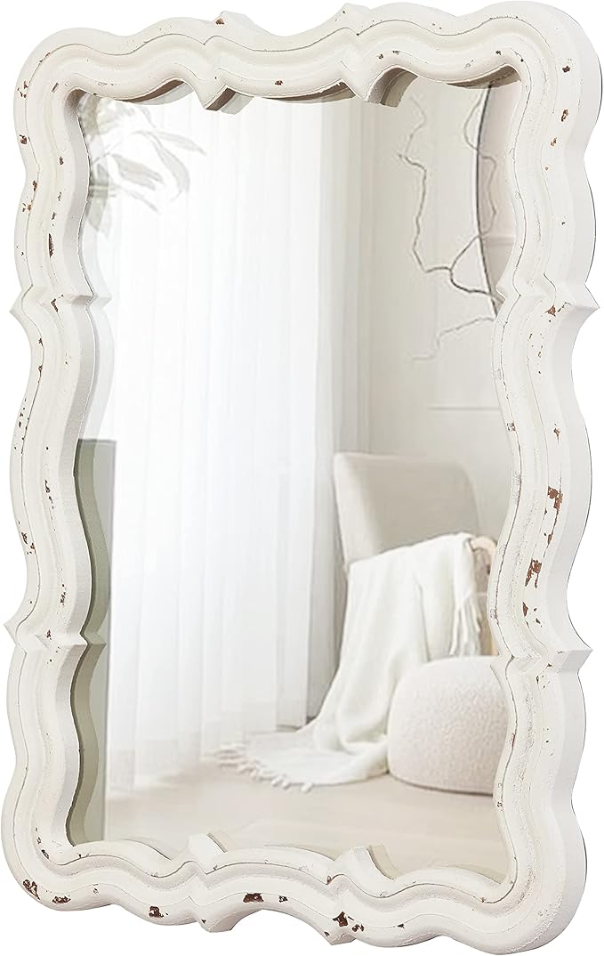 Vintage Small Scalloped Wall Mirrors Decorative 16 x 12 inch, Hanging Distressed White Sculpted Wood Bathroom Vanity Mirror, Rustic Entryway Mirror, Farmhouse Wall Mounted Mirrors