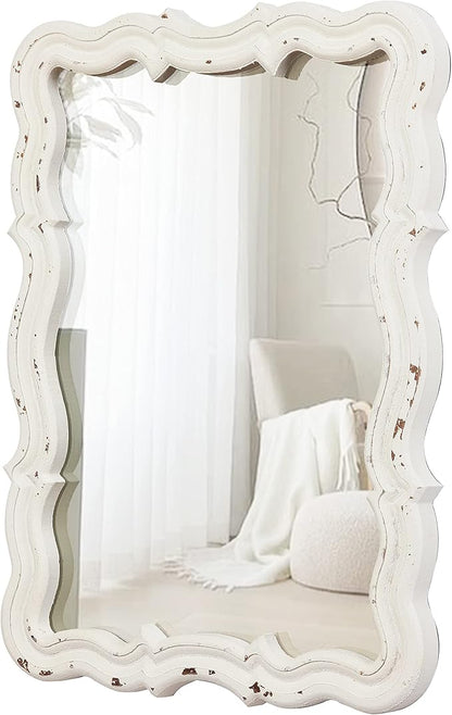 Vintage Small Scalloped Wall Mirrors Decorative 16 x 12 inch, Hanging Distressed White Sculpted Wood Bathroom Vanity Mirror, Rustic Entryway Mirror, Farmhouse Wall Mounted Mirrors
