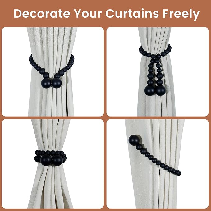 KLOGTSIND Magnetic Curtain Tiebacks, Curtain Tie Backs for Curtains 4 Pack, Wood Bead Curtain Tiebacks, Curtain Holders for Boho Bedroom Decor, Baby Nursery Decor, Farmhouse Decor