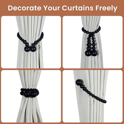 KLOGTSIND Magnetic Curtain Tiebacks, Curtain Tie Backs for Curtains 4 Pack, Wood Bead Curtain Tiebacks, Curtain Holders for Boho Bedroom Decor, Baby Nursery Decor, Farmhouse Decor