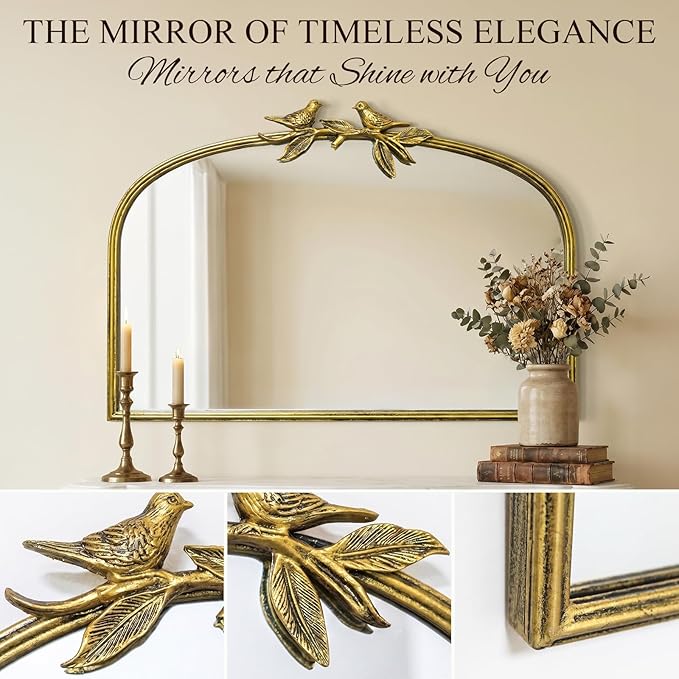 Antique Baroque Vintage Vanity Mirror 20x30Inch, Gold with Ornate Antique Frame, Arched Vintage Wall Mirror for Living Room, Fireplace, Entryway
