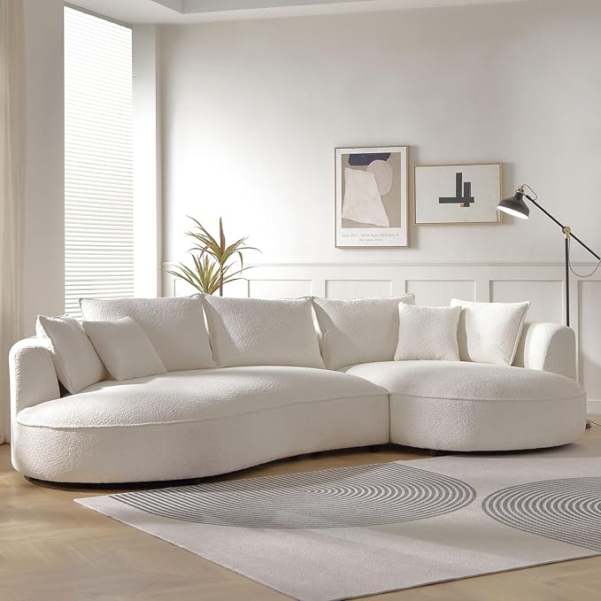 WILLIAMSPACE 124.8" Modern Curved Sofa Couch, Upholstery Boucle Sofa with Pillows, Right Hand Facing Sectional Boucle Fabric Couch for Living Room (Right-Facing,Light Cream)