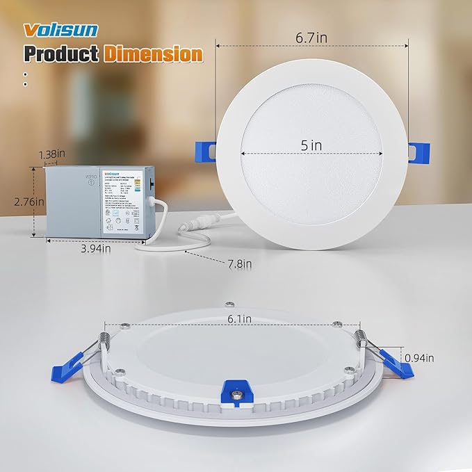 VOLISUN 24 Pack 6 inch Recessed Lighting, 5CCT LED Recessed Light with Junction Box, 2700K-5000K Selectable, 13W Eqv 120W, 1080LM Dimmable Canless Wafer Downlight, LED Ceiling Light ETL Certificated