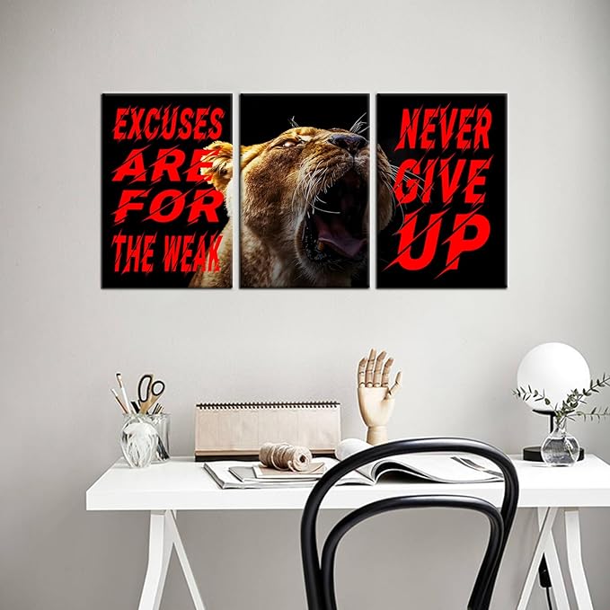Motivational Wall Art Excuses Are for the Weak Poster Inspirational Quotes Never Give up Painting 3 Pieces Canvas Print Office Decor Inspiring Framed Decoration Ready to Hang [48''W x 24''H]