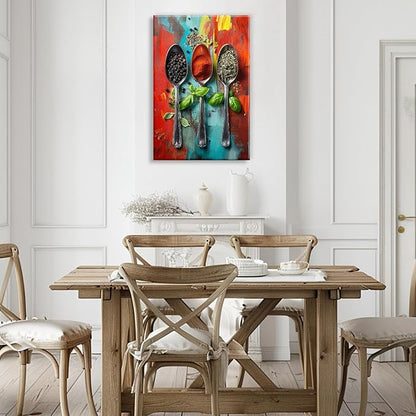 Kitchen Canvas Wall Art Colorful Spices Seasoning On Spoon Picture Print Abstract Contemporary Modern Artwork For Living Room Dining Room Hotel Decor(Artwork-6,16"x24")