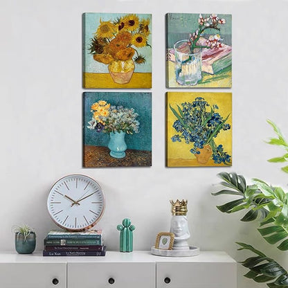 dgbtcart Sunflowers Irises Flower Vase by Vincent Van Gogh Canvas Wall Art, Classic Paintings Reproduction Prints Floral Artwork Posters for Home Decor 11"x14"x4 Pieces