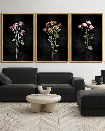 Drsoum Vintage Dark Moody Flower Bouquet Wall Art Framed Retro Wildflower Botanical Prints Modern Nature Plant Floral Rustic Artwork Bedroom Living Room Ready to Hang 24x36in Natural Framed