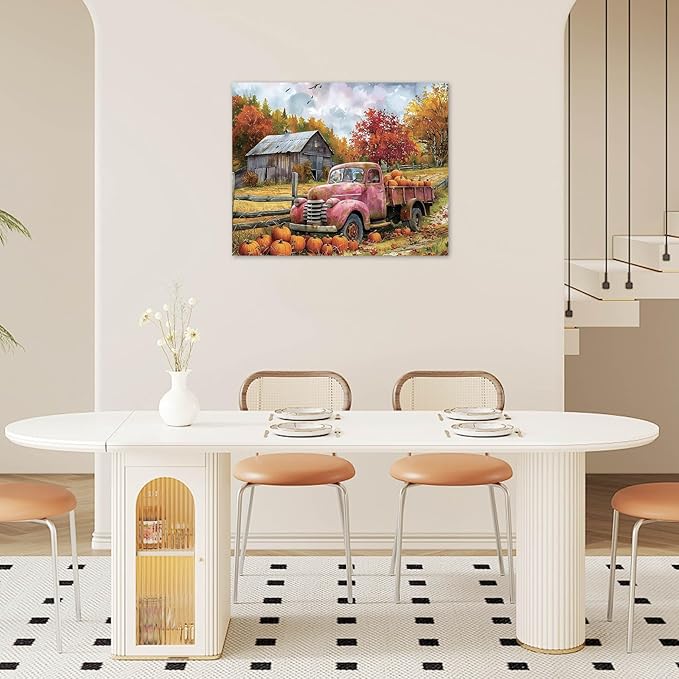 LB Fall Pumpkin Truck Wall Art Vintage Red Truck with Autumn Pumpkins in Farm Canvas Wall Art Farmhouse Harvest Wall Art Decor for Living Room Bedroom Bathroom Office Framed Ready to Hang 8L x 10W