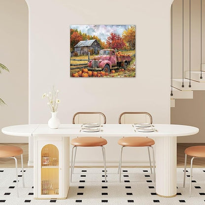 LB Fall Pumpkin Truck Wall Art Vintage Red Truck with Autumn Pumpkins in Farm Canvas Wall Art Farmhouse Harvest Wall Art Decor for Living Room Bedroom Bathroom Office Framed Ready to Hang 8L x 10W