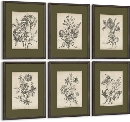 Vintage Floral Wall Art Sketch Flower Prints Antique Botanical Canvas Wall Art Decor Vintage Etchings Floral Poster Green Botanical Painting Sage Green Artwork for Bedroom 8x10x6 Inch Wood Framed